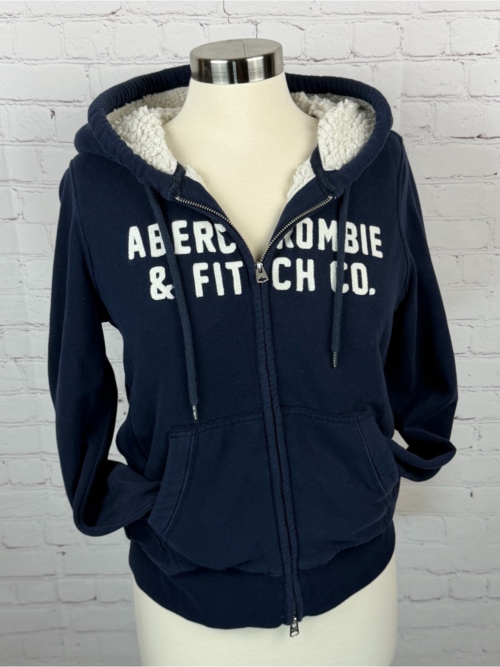 Abercrombie & Fitch Navy Faux Sherpa-Lined Zip Hoodie Jacket Medium Y2K Vintage